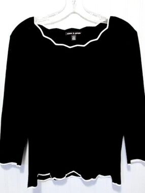 Black Knit Sweater with Scalloped White Edging, Size M